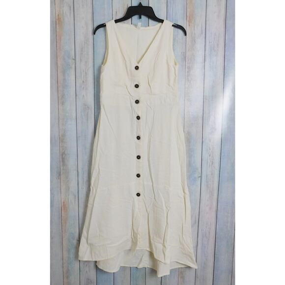 Lapis Dress Large Sleeveless Button Down Cream White Cotton Linen Blend - Picture 1 of 6
